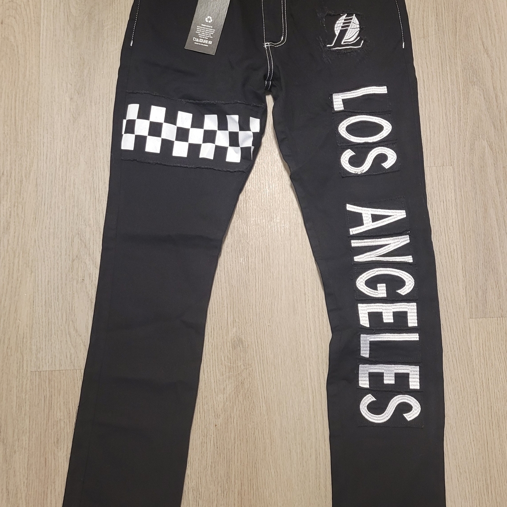 Fisll Men's Distressed Embroided Checkered Black Slim Jeans with LA Lakers 34/32